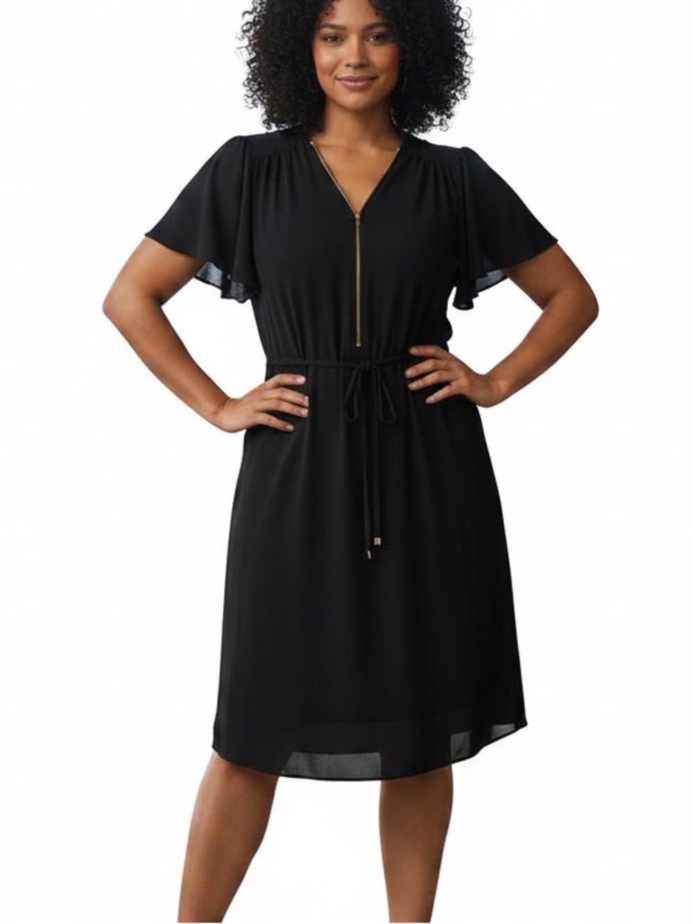 City Chic Sz 14 Black Dress Gold Tone Half Zip Tie at Elastic Waist | GUC